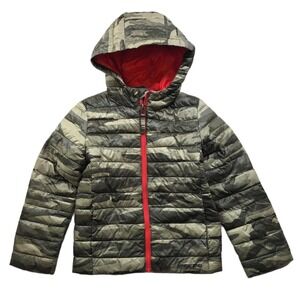 Lands' End Puffer Jacket Kids XS 4-5‎ Green Camo Orange Primaloft Hooded Coat